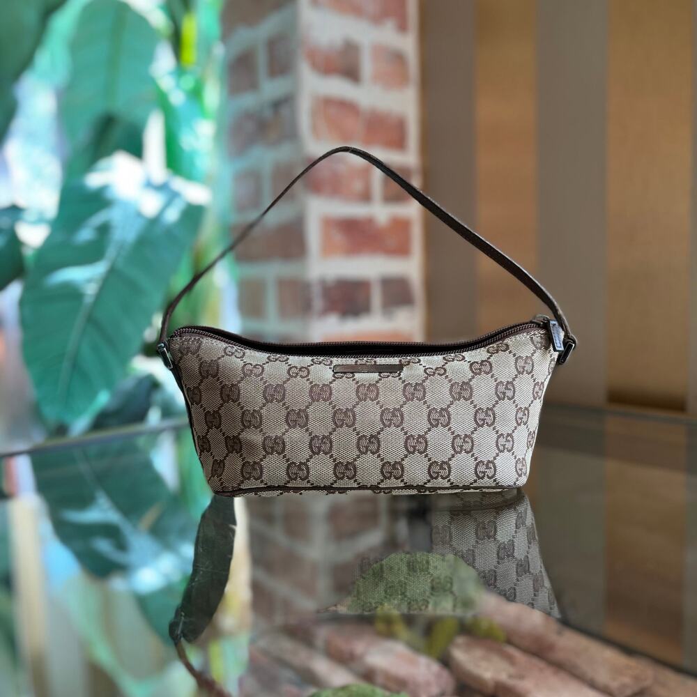GUCCI Small GG Web Boat Pochette Brown Canvas Hand Bag